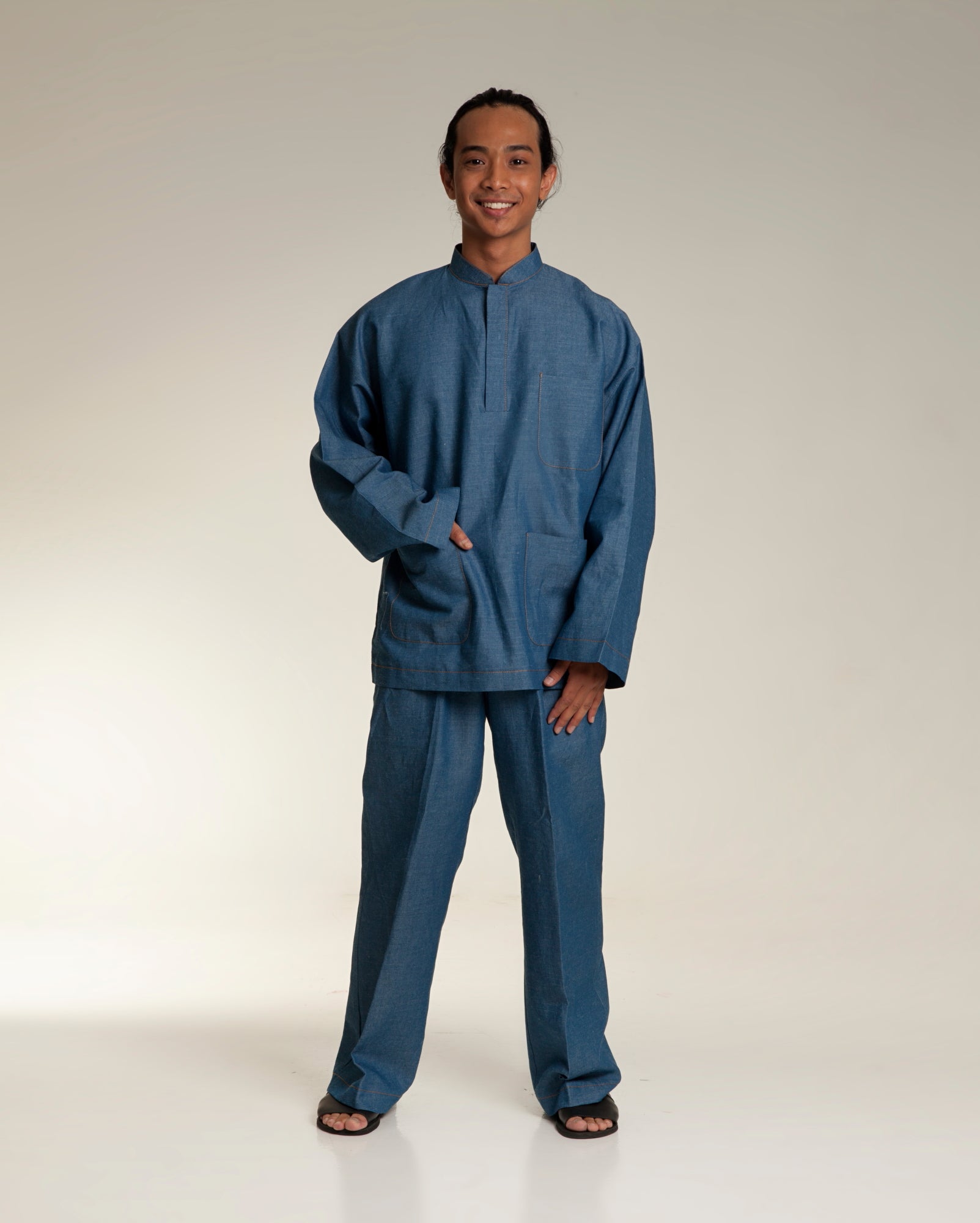 Linen Denim Baju Melayu Set (Steel Blue)