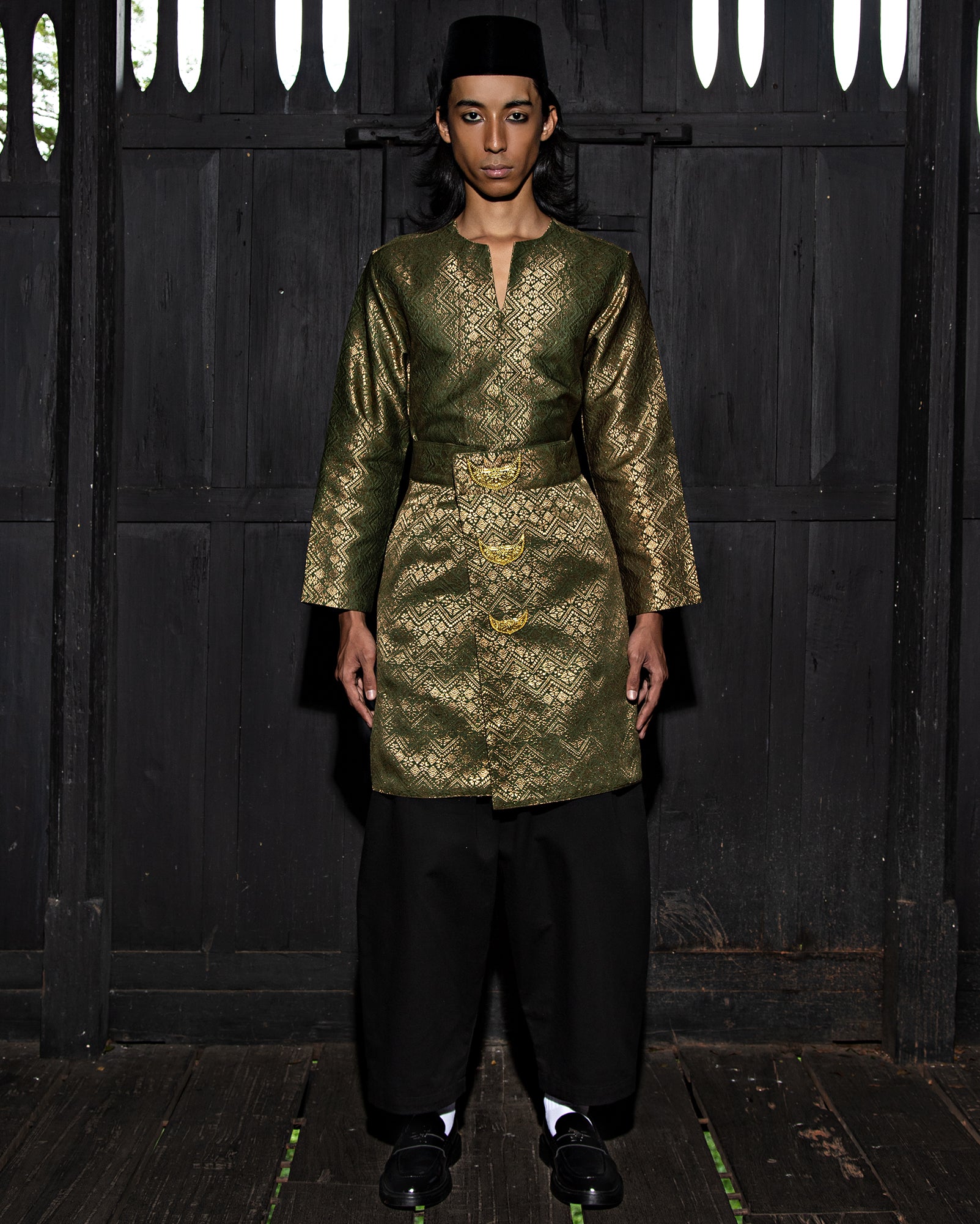 Baju Atas Kain Songket (Olive) - Lobak Pants (Black)