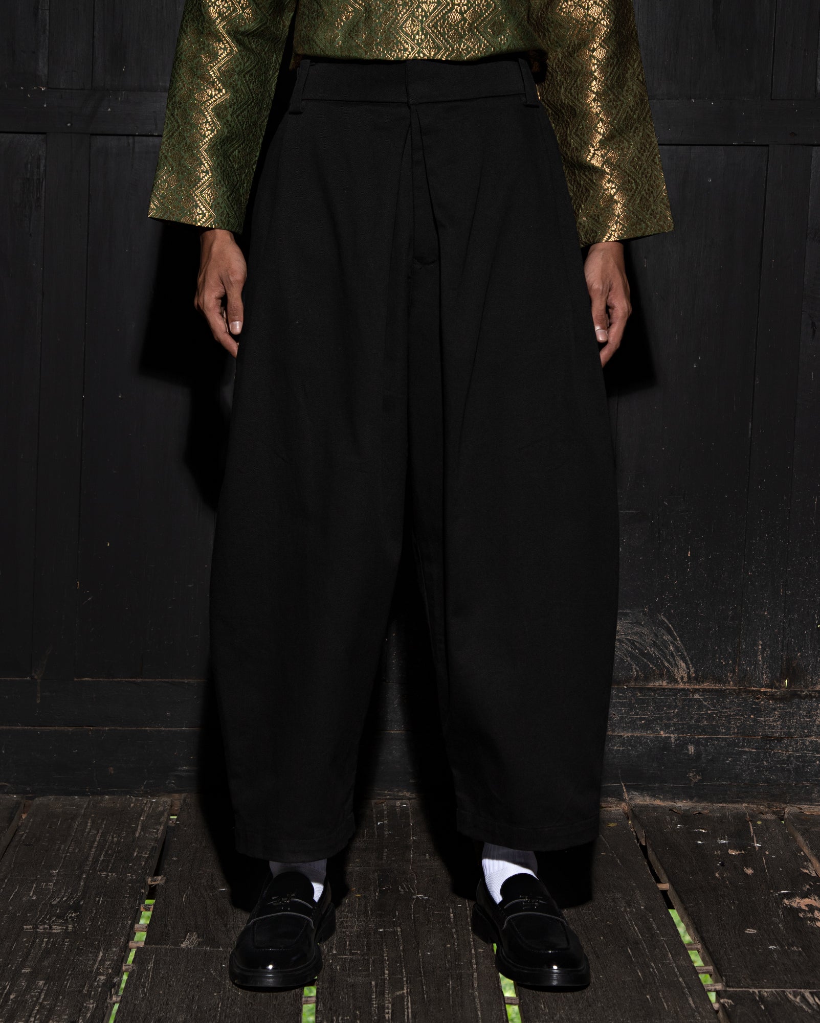 Baju Atas Kain Songket (Olive) - Lobak Pants (Black)