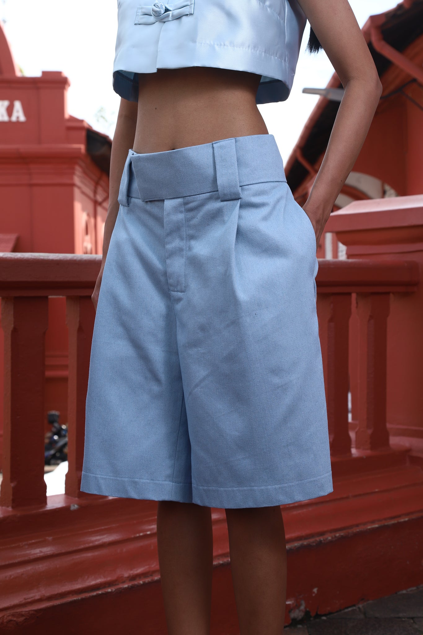 Tang Krop Tiga Butang (Sky) - Denim Bermuda (Sky)