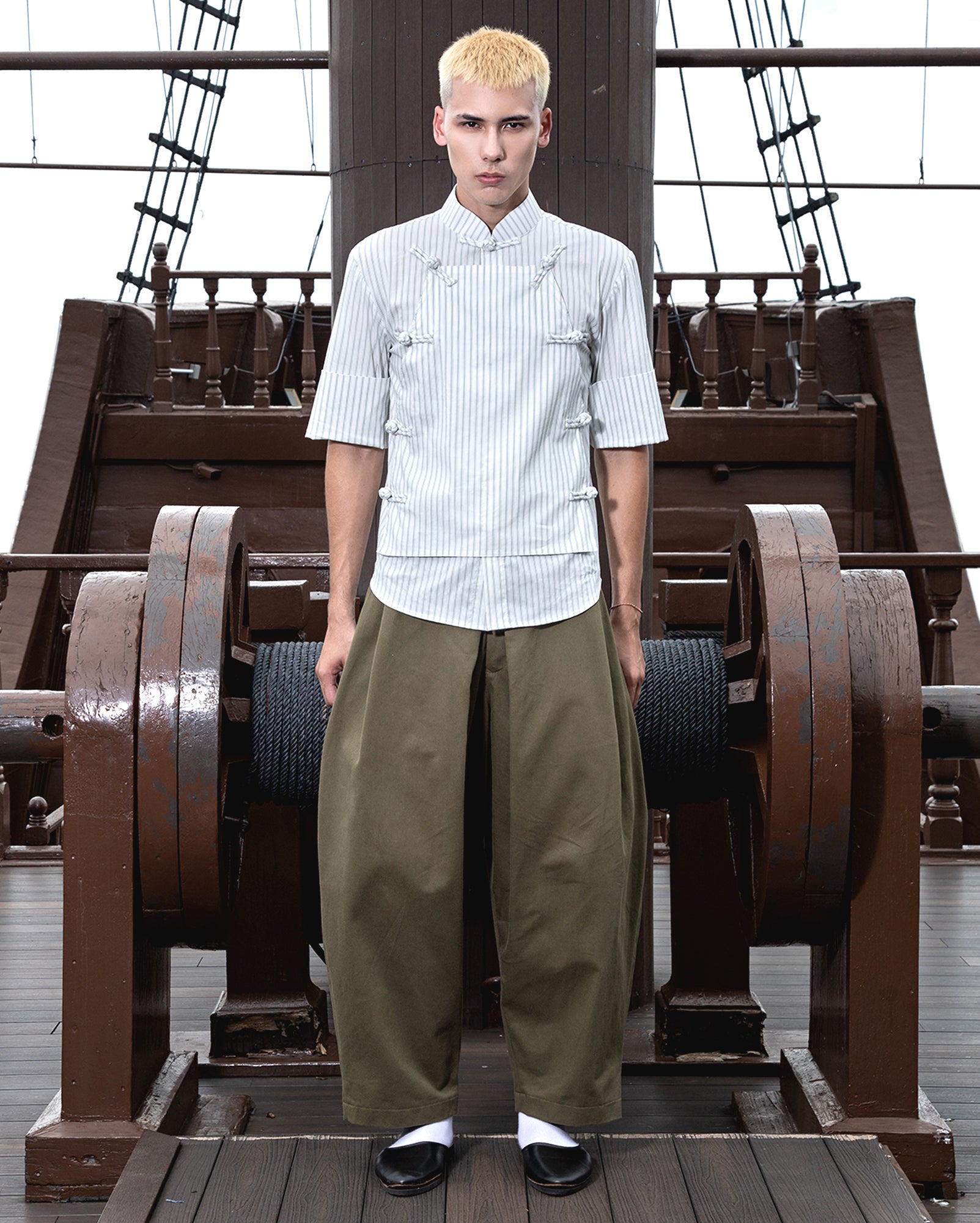 Zhenghe Shirt (Green Pinstripes) - Lobak Pants (Olive)