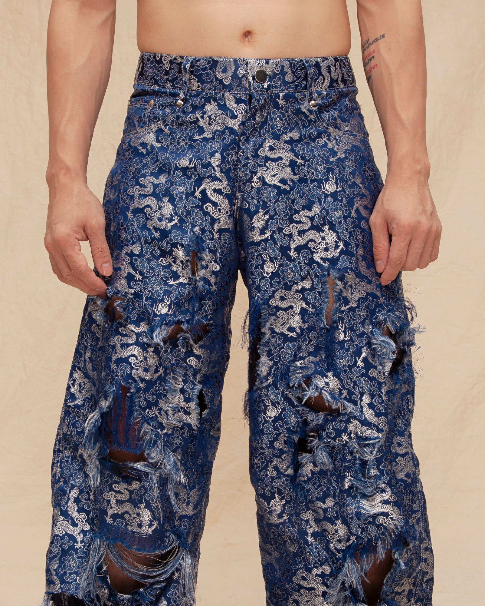Ripped Chinese Dragon Brocade Jeans
