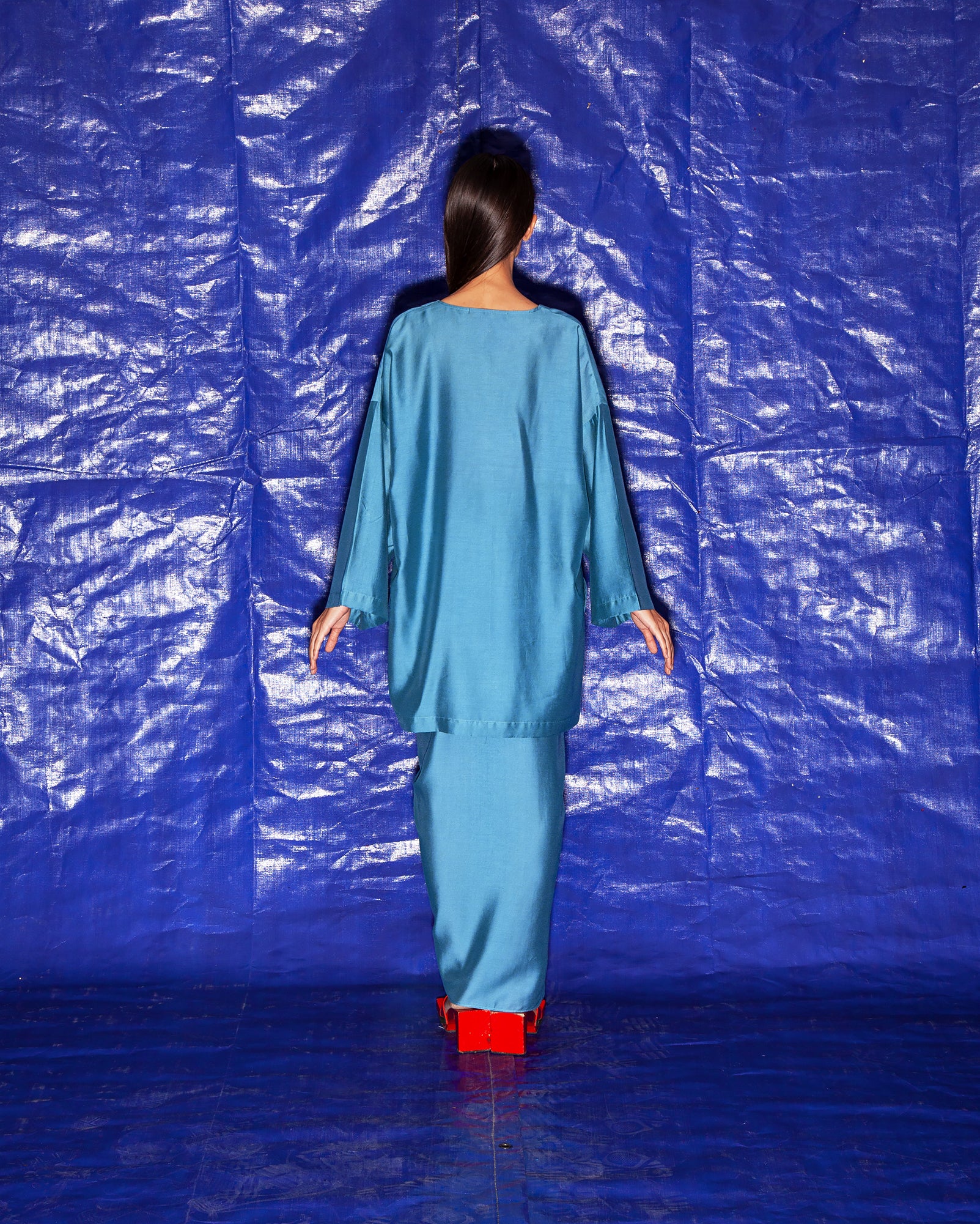 Baju Terawih with Pleated Skirt (Steel Blue)