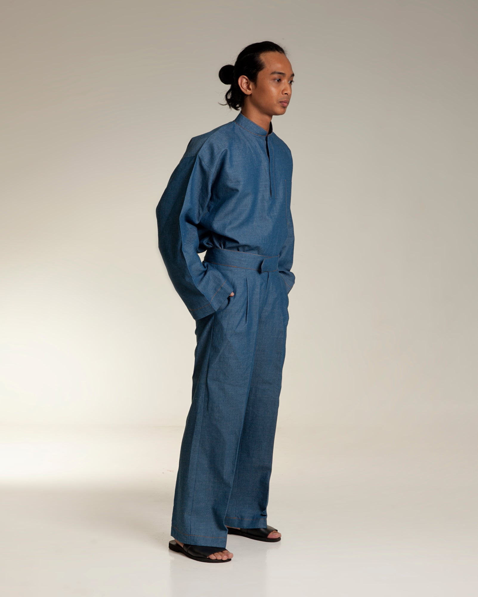 Linen Denim Baju Melayu Set (Steel Blue)
