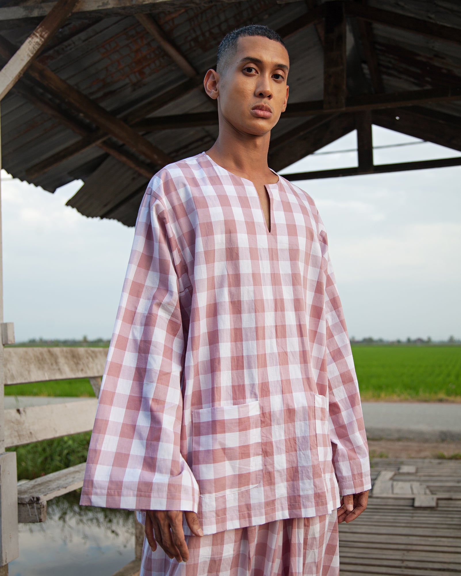 Baju Melayu Oversaiz Berpetak (Dusty Pink)